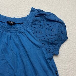Jones New York Blouse Womens PXS Blue Eyelet Puff Sleeve Smocked Neck Top 4255